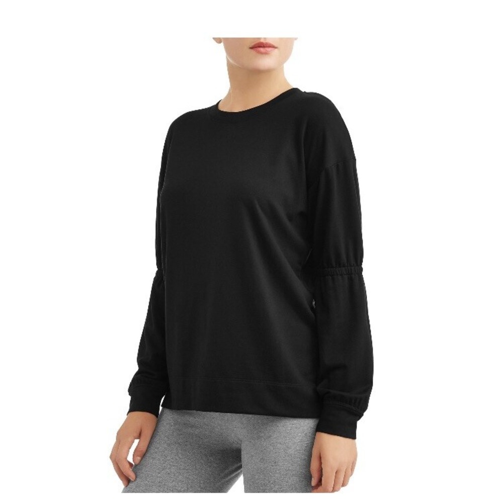 Avia Pullover Women L (12-14) Athleisure Gathered Sleeve Black Sweatshirt NWOT
